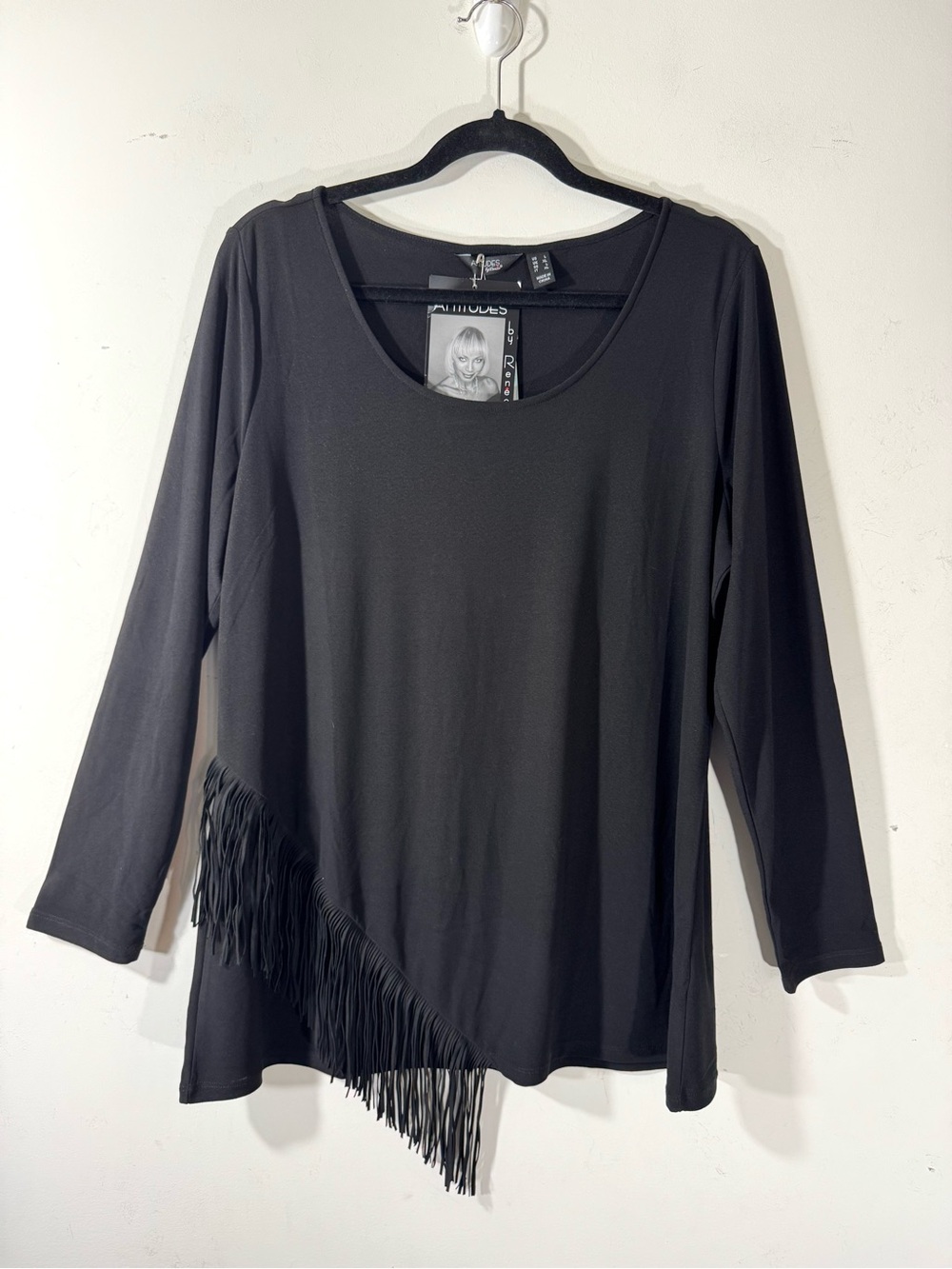 Attitudes by Renee crepe fringed Top Black Sz Large NWT